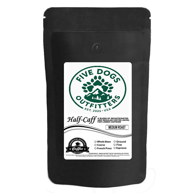 five dogs outfitters half caff low caffeine whole bean coffee 10 oz