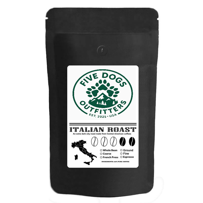 five dogs outfitters fine ground coffee italian roast 12 oz