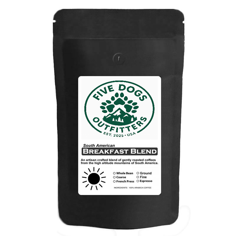 five dogs outfitters breakfast blend coffee light roast ground 10 oz