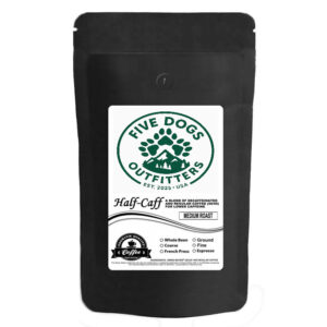 five dogs outfitters half caff low caffeine whole bean coffee 1 lb