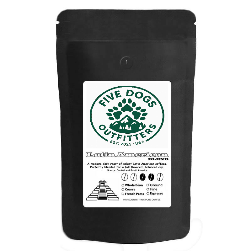five dogs outfitters coarse ground latin american coffee medium dark roast 10 oz