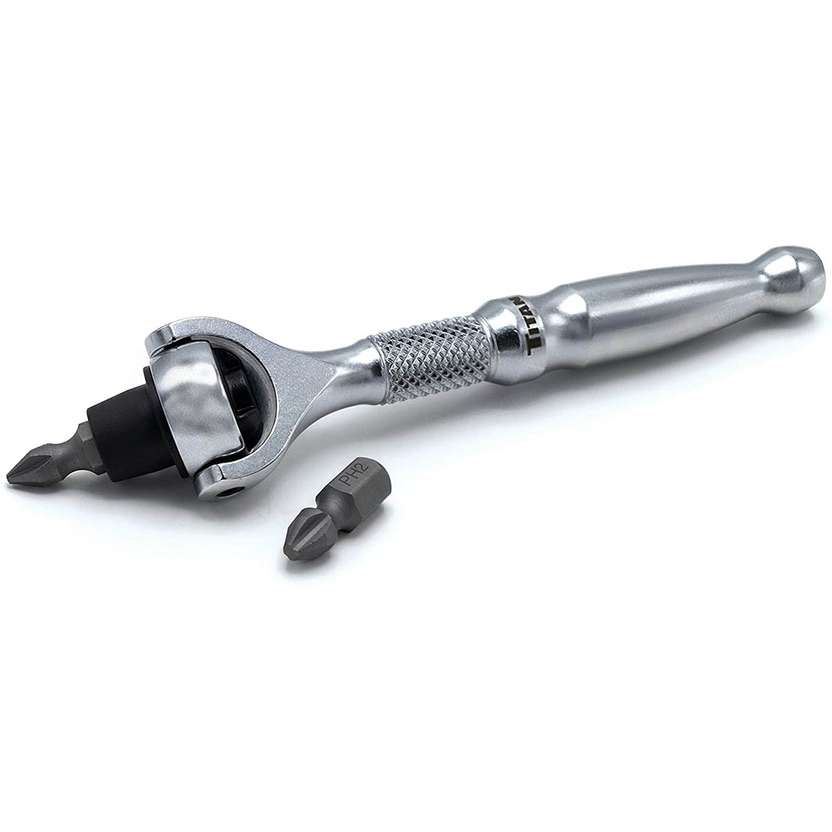 titan – titan 1/4" drive aluminum swivel head micro ratchet bit driver silver