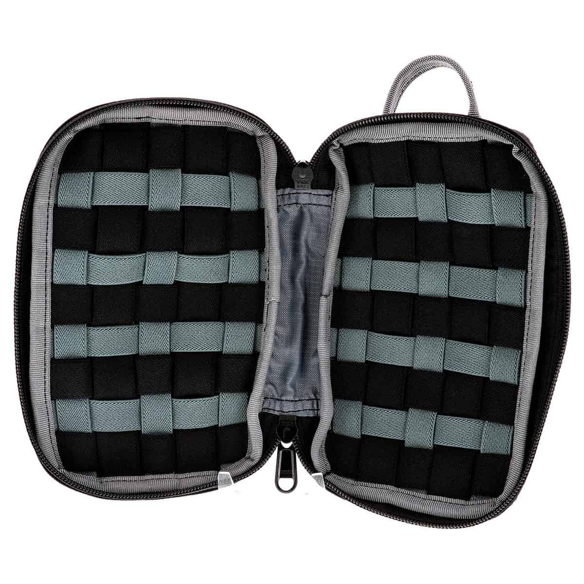 Dog travel organizer case with adjustable straps for secure storage of dog accessories.