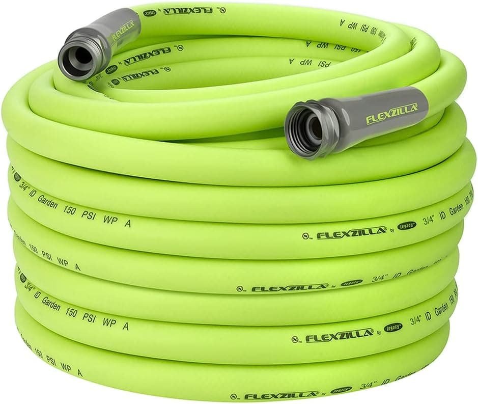 Bright green garden hose for outdoor watering and gardening. Durable, flexible, and ideal for yard m.