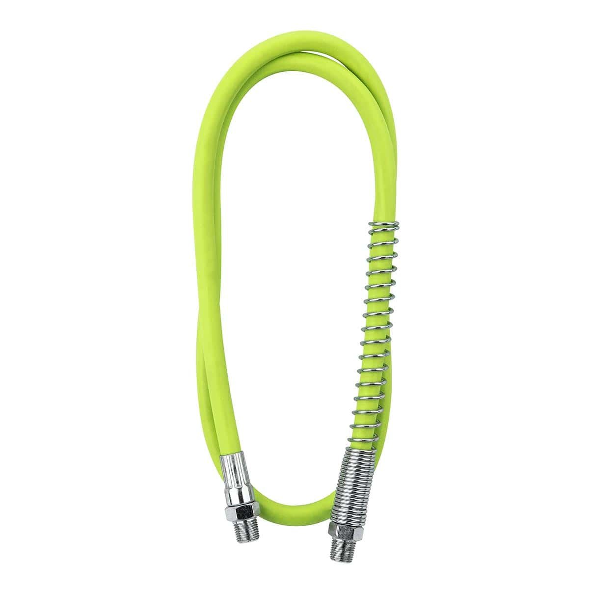 Garden hose with metal fittings and bright green color for outdoor watering.